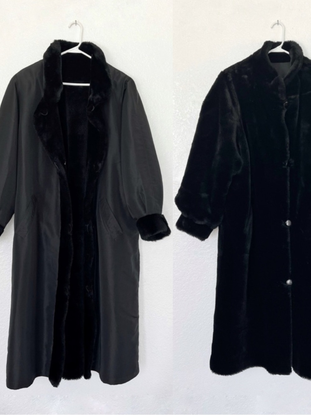 Vintage Reversible Black Faux Fur Coat Long Length 2 in 1 1980s 1990s Jacket XL